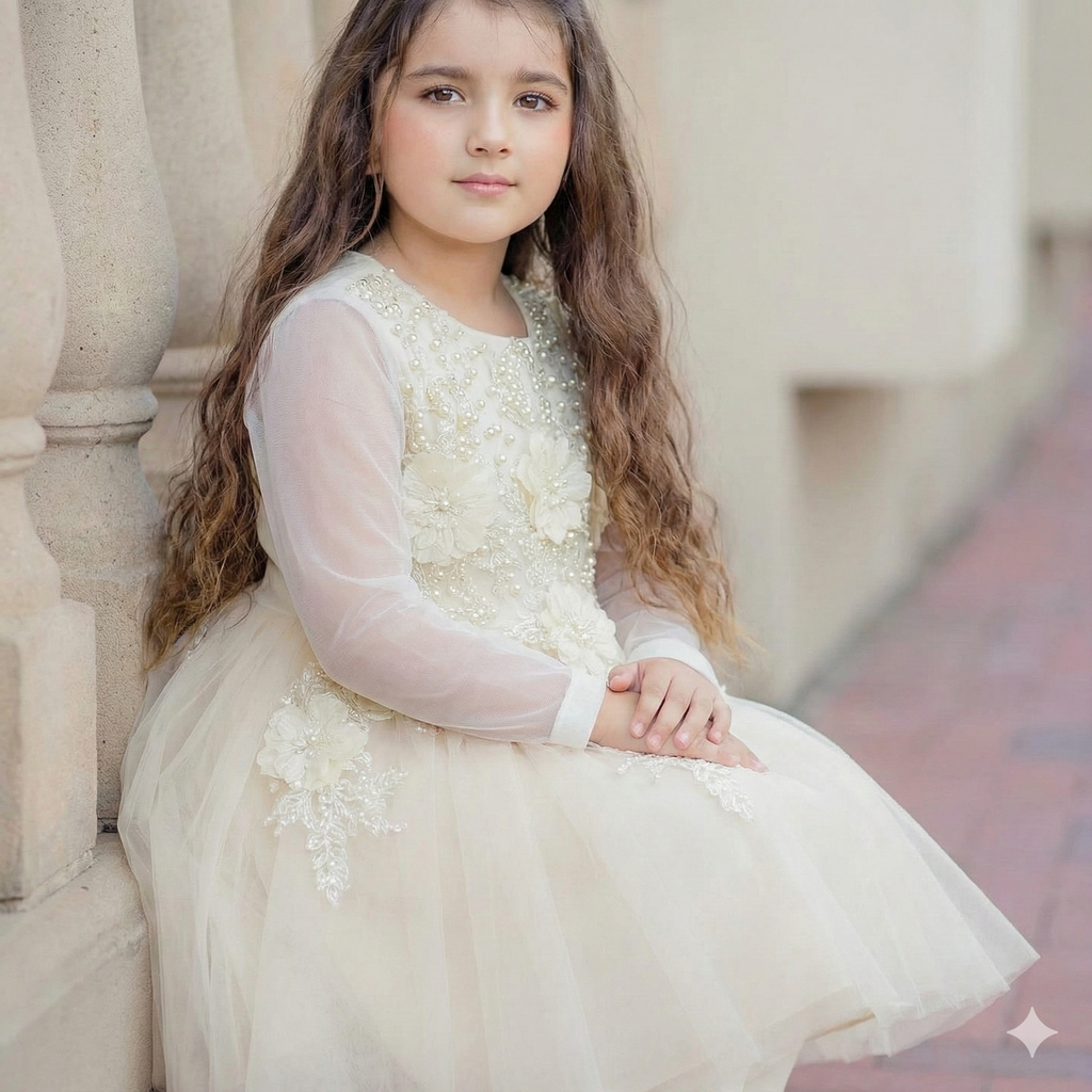 Elegant Ivory Floral Net Dress – Girls Special Occasion Outfit