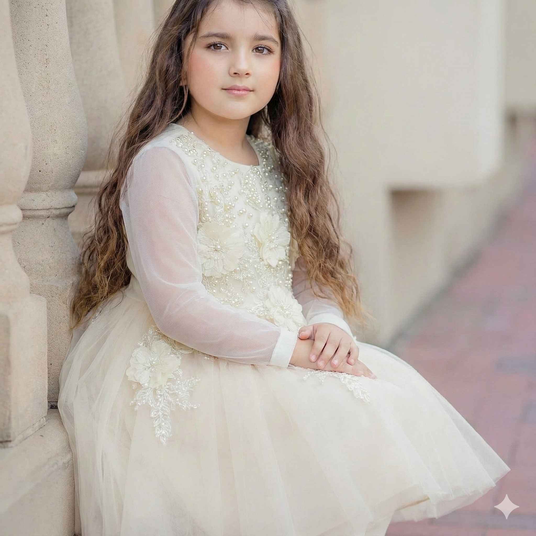 Elegant Ivory Floral Net Dress – Girls Special Occasion Outfit