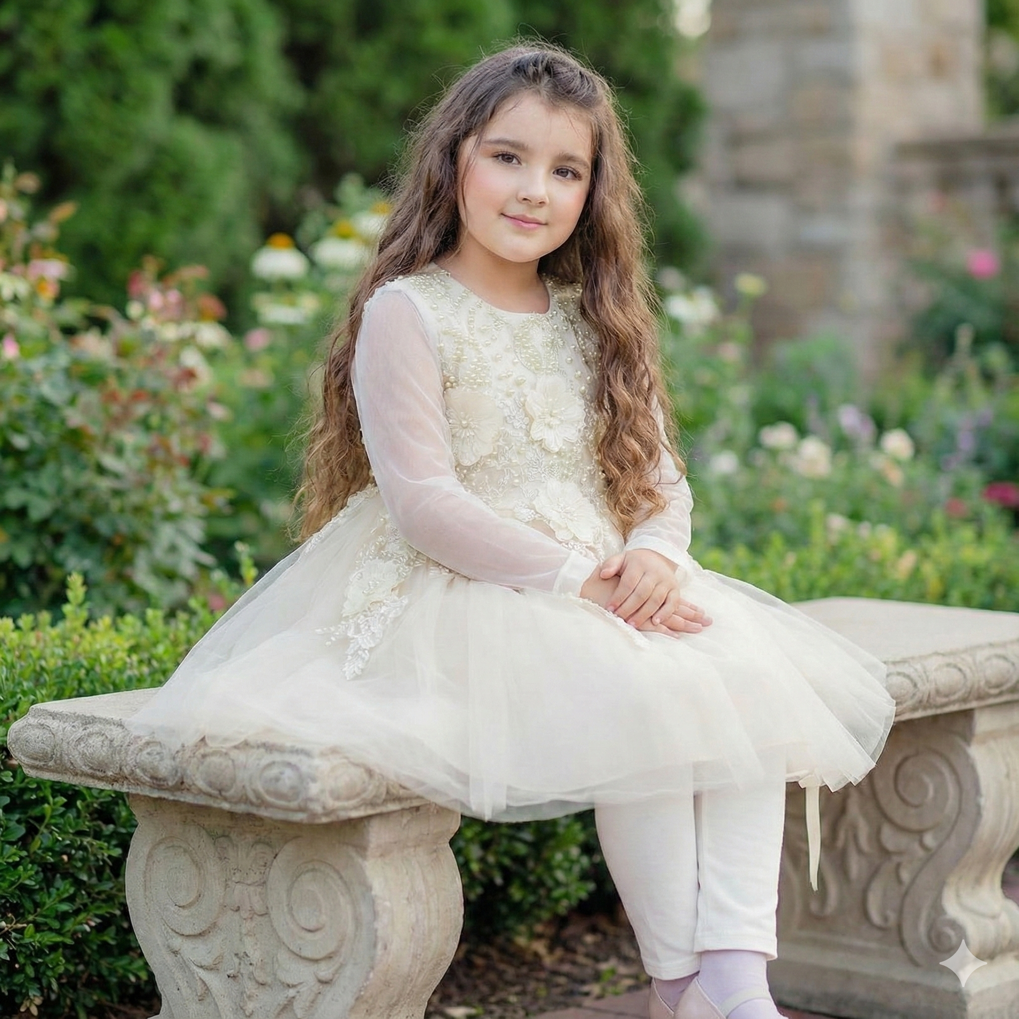 Elegant Ivory Floral Net Dress – Girls Special Occasion Outfit