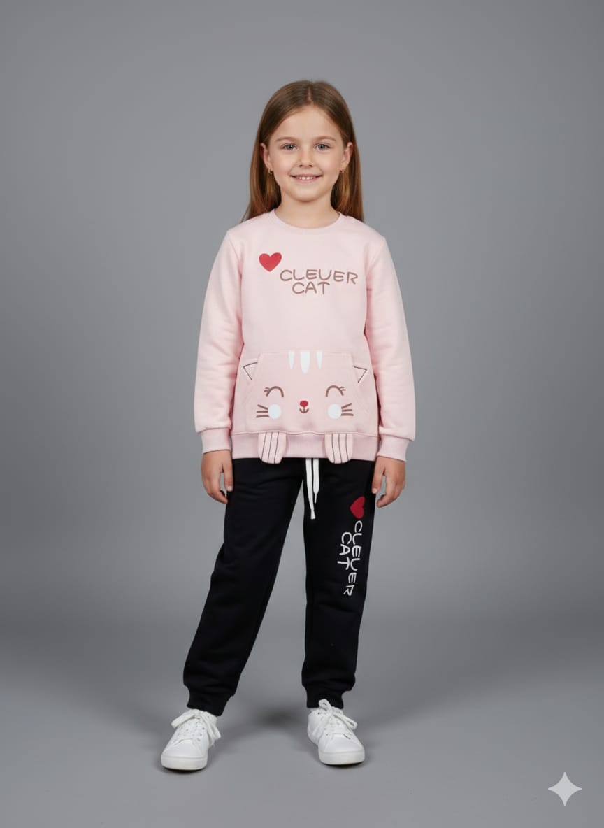 Cute Cat Design Kids Winter Suit - Sweatshirt & Trouser Set for Girls