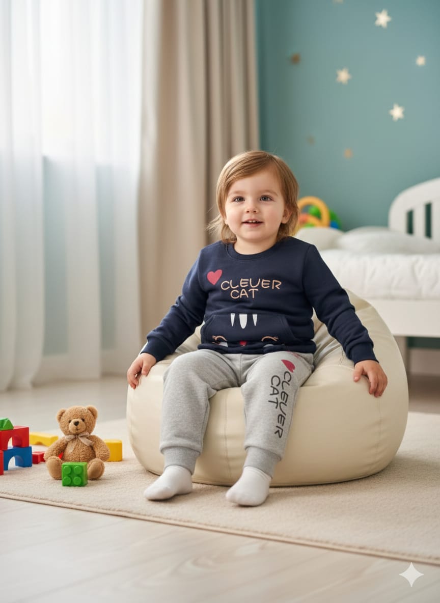 Kids Stylish Winter Wear | "Clever Cat" Royal Blue & Charcoal Tracksuits