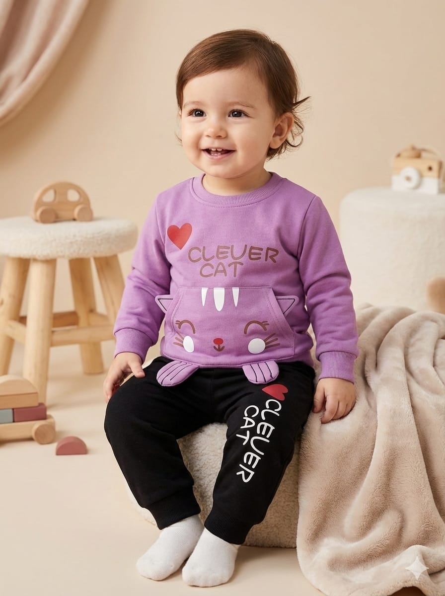 Cute Clever Cat Winter Tracksuit for Kids – Purple Sweatshirt & Black Pants Set