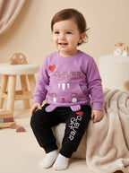 Cute Clever Cat Winter Tracksuit for Kids – Purple Sweatshirt & Black Pants Set