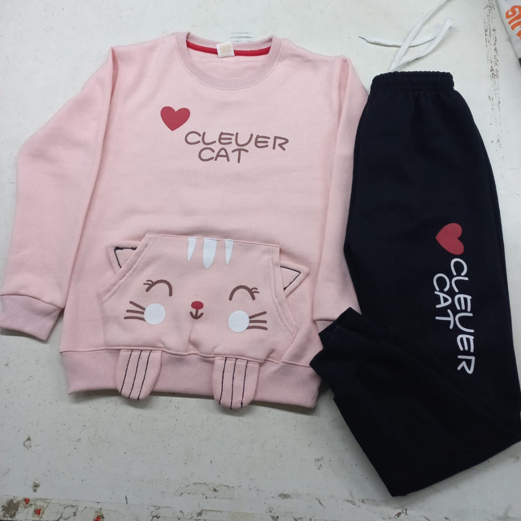 Cute Cat Design Kids Winter Suit - Sweatshirt & Trouser Set for Girls