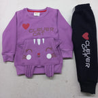 Cute Clever Cat Winter Tracksuit for Kids – Purple Sweatshirt & Black Pants Set